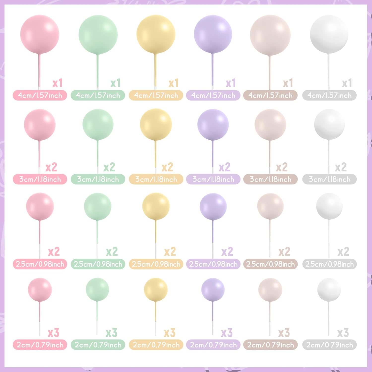 48 Pcs Balls Cake Topper Decorations Balloon Cupcake Toppers Foam Cake Topper Balls Cake Balls Decorations for Birthday Party Wedding Cake Decorating(Pink,Green,Yellow,Purple,Brown,White)