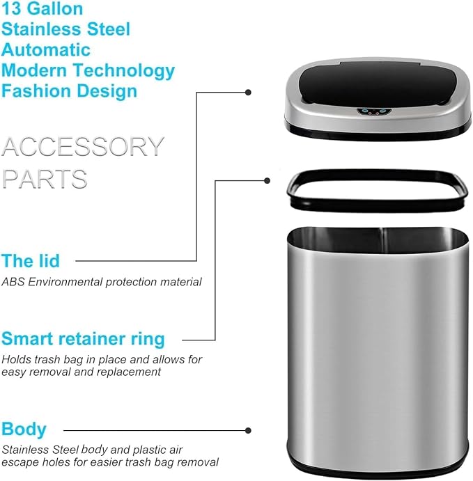 Bigacc Kitchen Trash Can | Stainless Steel 13 Gallon Trash Can | 50L Touch Free - Image 6