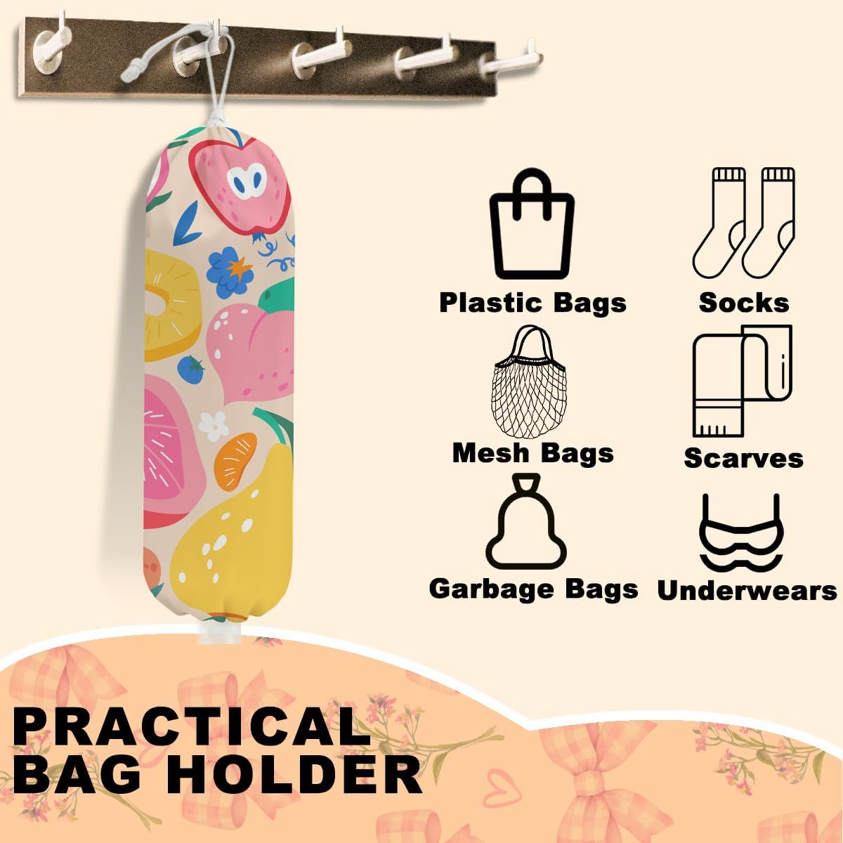 Abstract Summer Fruits Plastic Bag Holder for Kitchen Essentials, Grocery Bag Holder for Plastic Bags, Dragon Fruit Orange Peach Reusable Grocery Bags Storage Dispenser for Home Kitchen Farmhouse