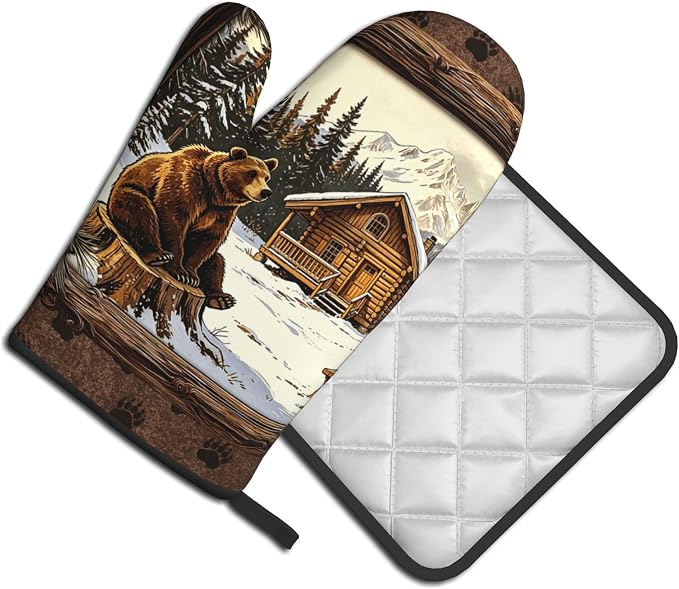 Vintage Oven Mitts and Pot Holders Sets Rustic Cabin Kitchen Gloves Bear Hot - Image 2