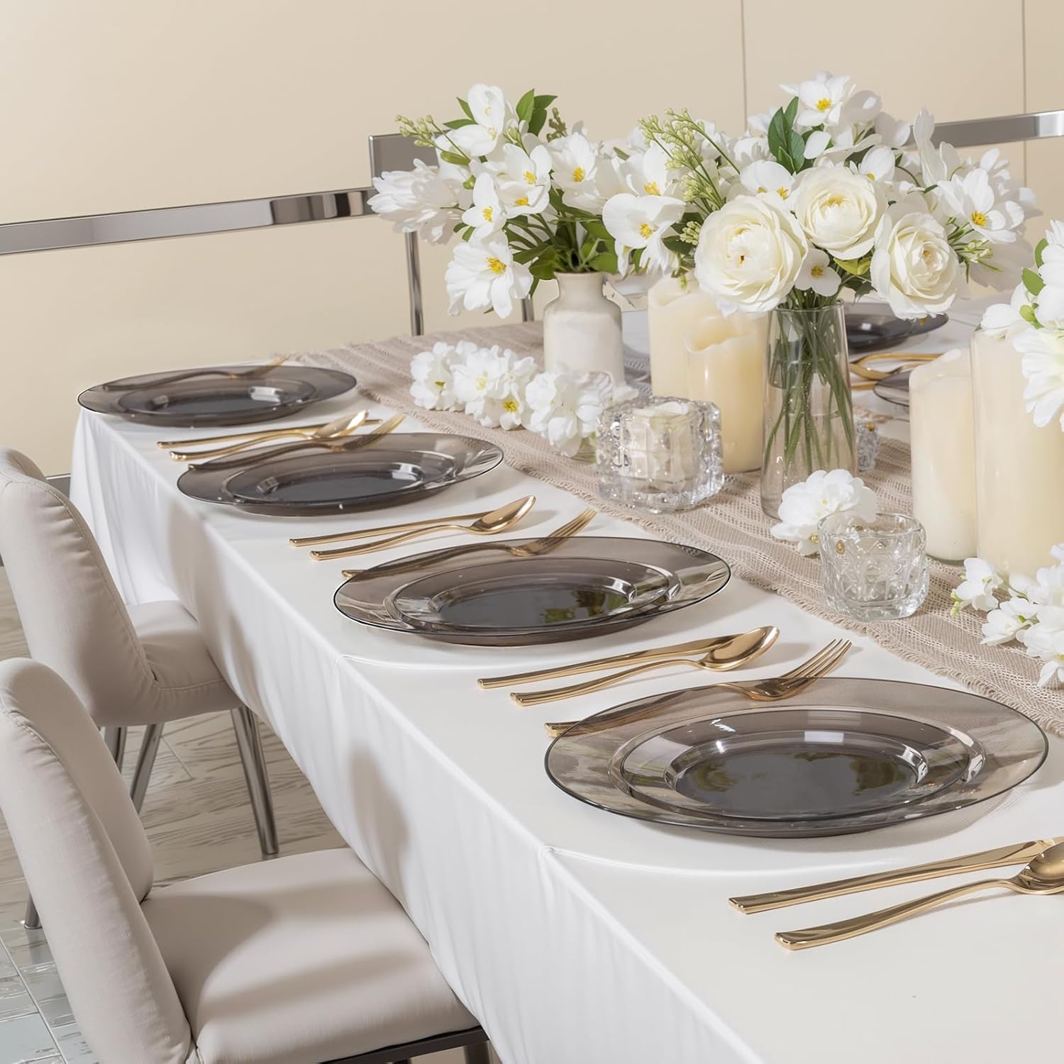 I00000 200 Pcs Clear Black Plastic Plates, Black Disposable Party Plates Include 100 Dinner Plate 10’’ and 100 Dessert Plate 7’’ Perfect for Birthday, Party & Wedding