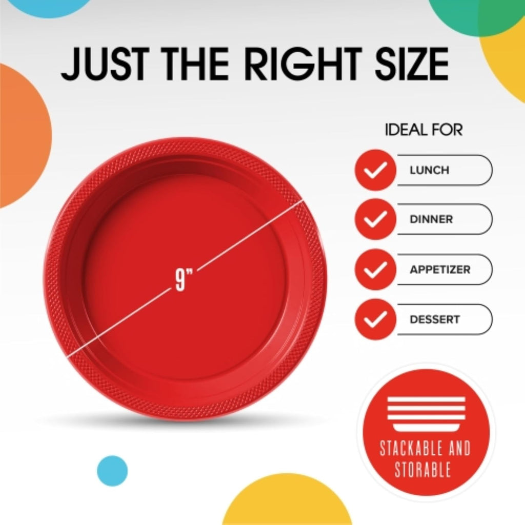 Exquisite Party Solids Red Plastic Plates For Party 9" Red Disposable Plates Heavy Duty Supplies 100 Pcs Plastic Dinnerware Sets Heavy Duty 350 GSM Disposable Dinnerware Set