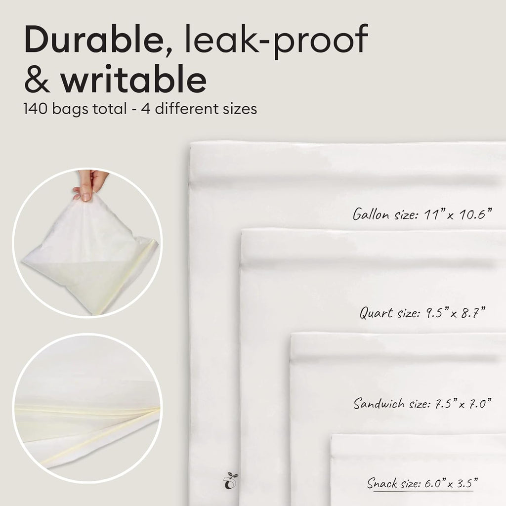 Vove Compostable Storage Bag Bundle, 140 Count Multi-Size S/M/L/XL – Freezer Safe, Resealable, Non Toxic Bags for Food, Meal Prep & Snacks, Plastic-Free Eco Bags