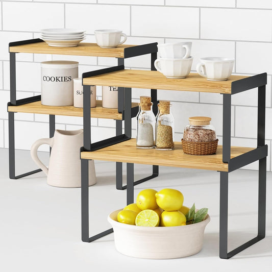 Kitchen Cabinet Organizer Shelves Set of 4, Expandable Counter Shelf Rack for Plate Dish Cup Mug Spice, Stackable Shelf Riser for Pantry Cupboard Desk Top Corner Storage (Bamboo, Black)