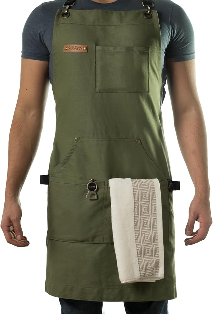 Asaya Chef and BBQ Apron with Bottle Opener and Hand Towel - 10oz Cotton Canvas by AsayaChefProducts
