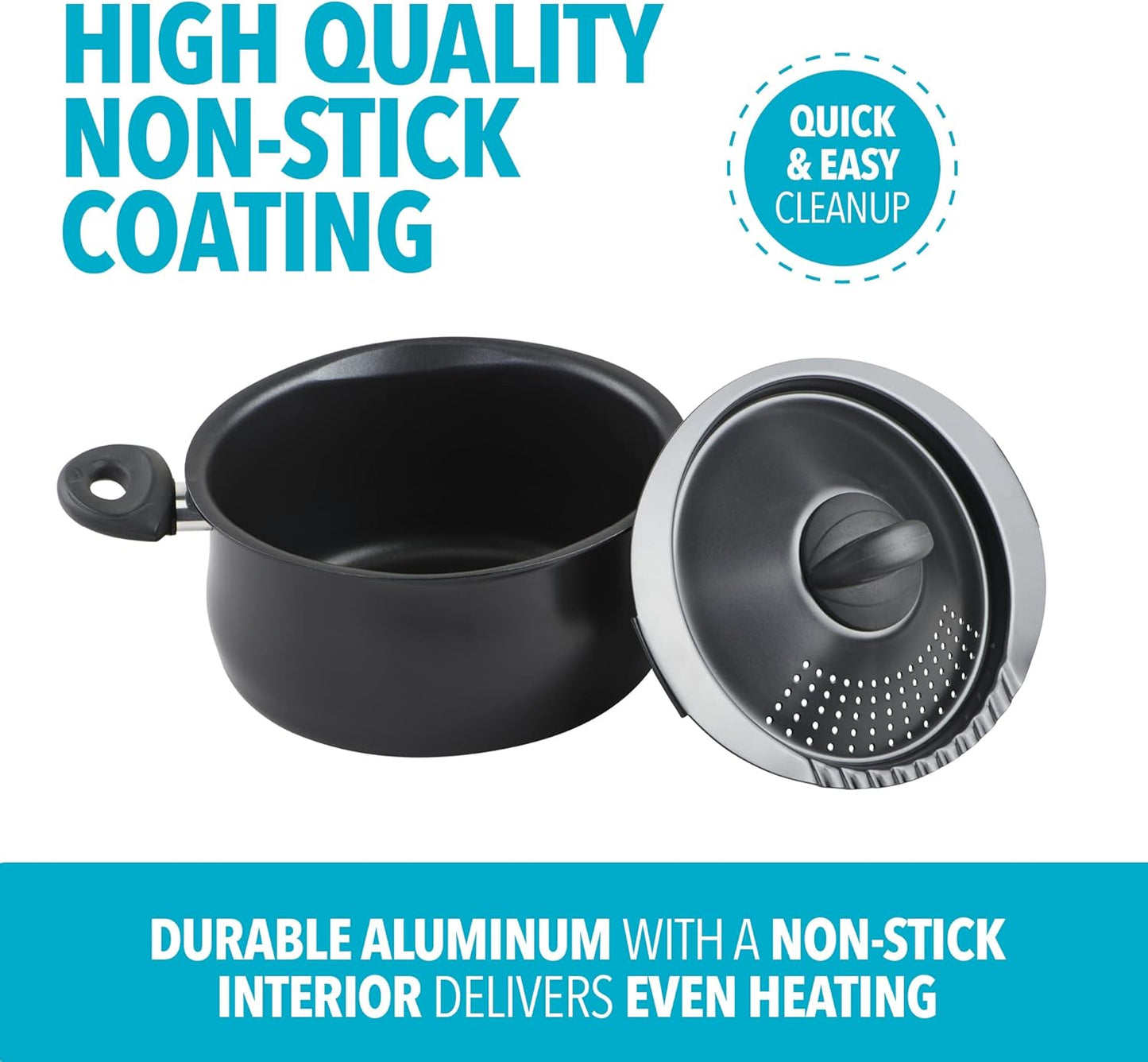 Bialetti 5.5-Quart Nonstick Aluminum Pasta Pot with Strainer Lid and Handles, PFOA-Free Nonstick Oval Cooking Pot and Lid, Black