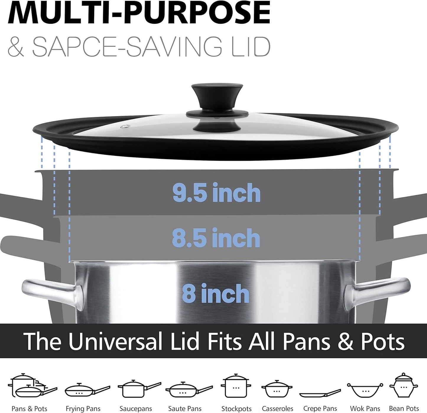 Anaeat Silicone Universal Lid for Pots, Pans and Skillets - Tempered Glass Covered with Heat Resistant Silicone Rim Fits 8", 8.5" and 9.5" Diameter Cookware -Easy to Use Replacement Frying Pan Cover