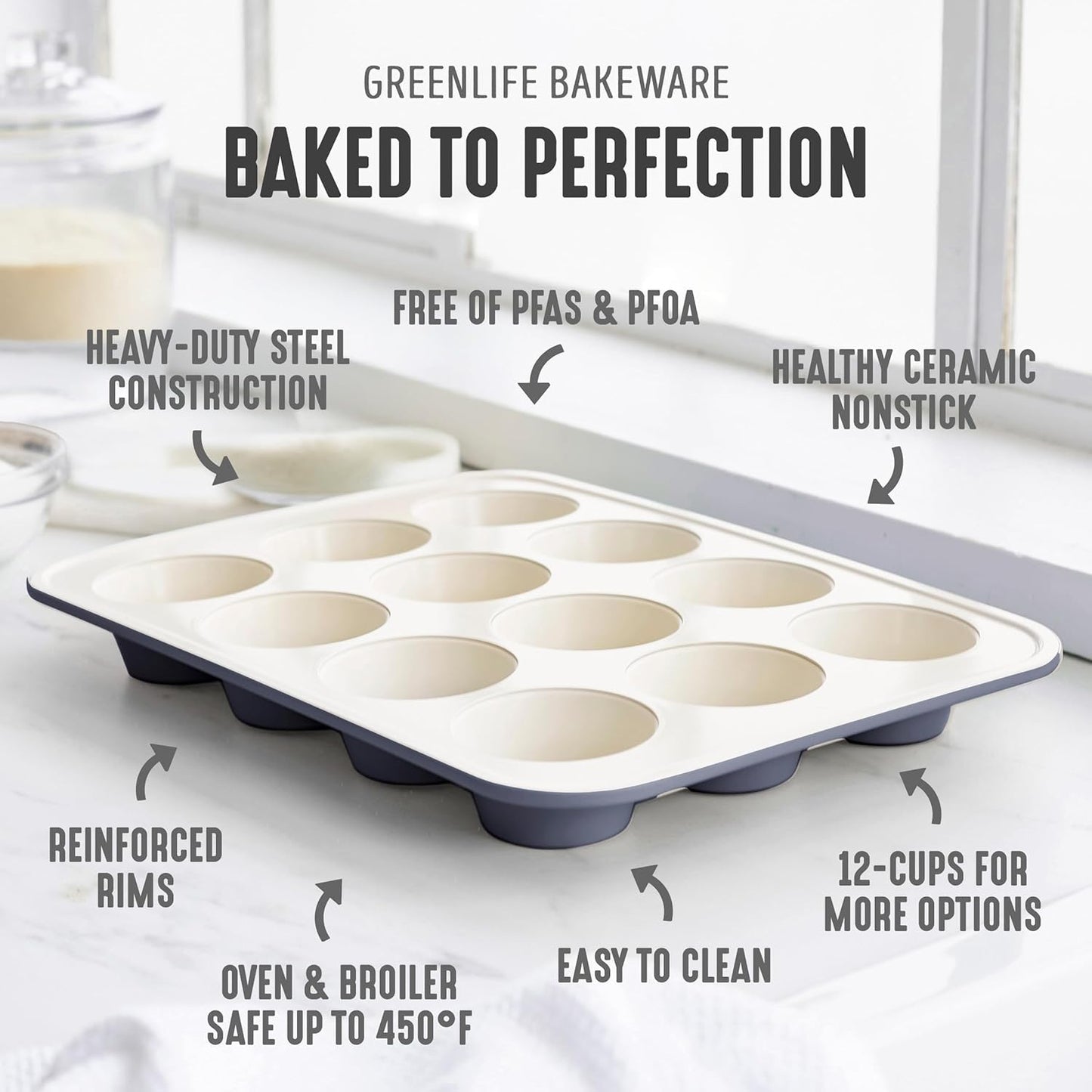 GreenLife 12-Cup Muffin Pan, Healthy Ceramic Nonstick Bakeware, PFOA & PFAS-Free Cupcake Sheet, Durable Baking Tray, Versatile Kitchen Essentials, Easy Clean Muffin Mold, Nonstick Baking Pan, Black