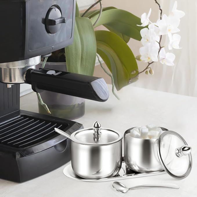 holoith 2 Pack Coffee and Sugar Dispenser - 10 oz Sugar Bowl with Glass Lid and - Image 2