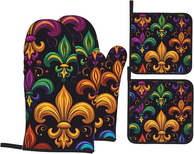 Colorful Fleur De Lis Oven Mitts and Pot Holders Sets Mardi Gras Kitchen Oven by UOYO