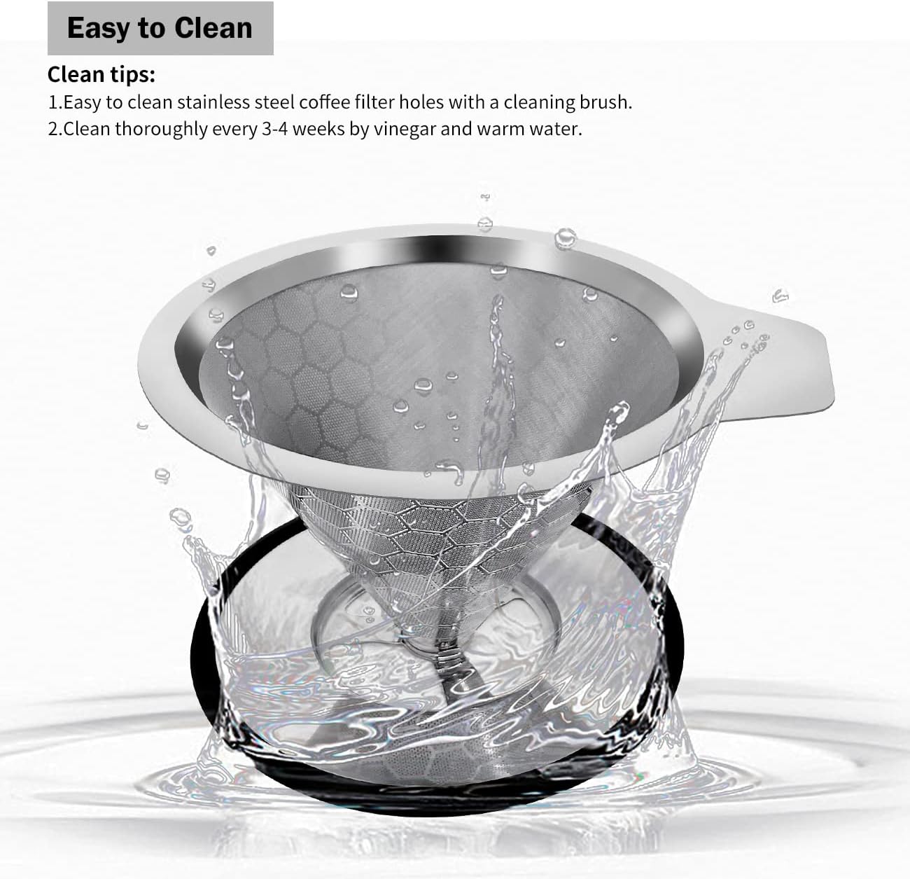 LHS Pour Over Coffee Dripper Reusable Coffee Filter Metal Cone Filter Paperless Coffee Filter Stainless Steel Pour Over Coffee Maker Single Cup Brew Coffee Filter, Double Mesh