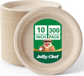 JOLLY CHEF Compostable Heavy Duty Plates 𝟭𝟬 𝗜𝗻𝗰𝗵 [𝟯𝟬𝟬 𝗣𝗮𝗰𝗸] Eco-Friendly Disposable Paper Plates Made of Bagasse Biodegradable Bulk for Party Dinner Sugarcane Fibers Round (Natural)