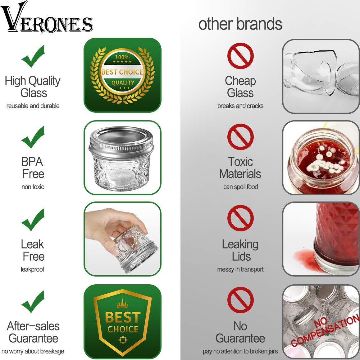 VERONES Mason Jars Canning Jars, 4 OZ Jelly Jars With Regular Lids and Bands, Ideal for Jam, Honey, Wedding Favors, Shower Favors, DIY Spice Jars, 50 PACK