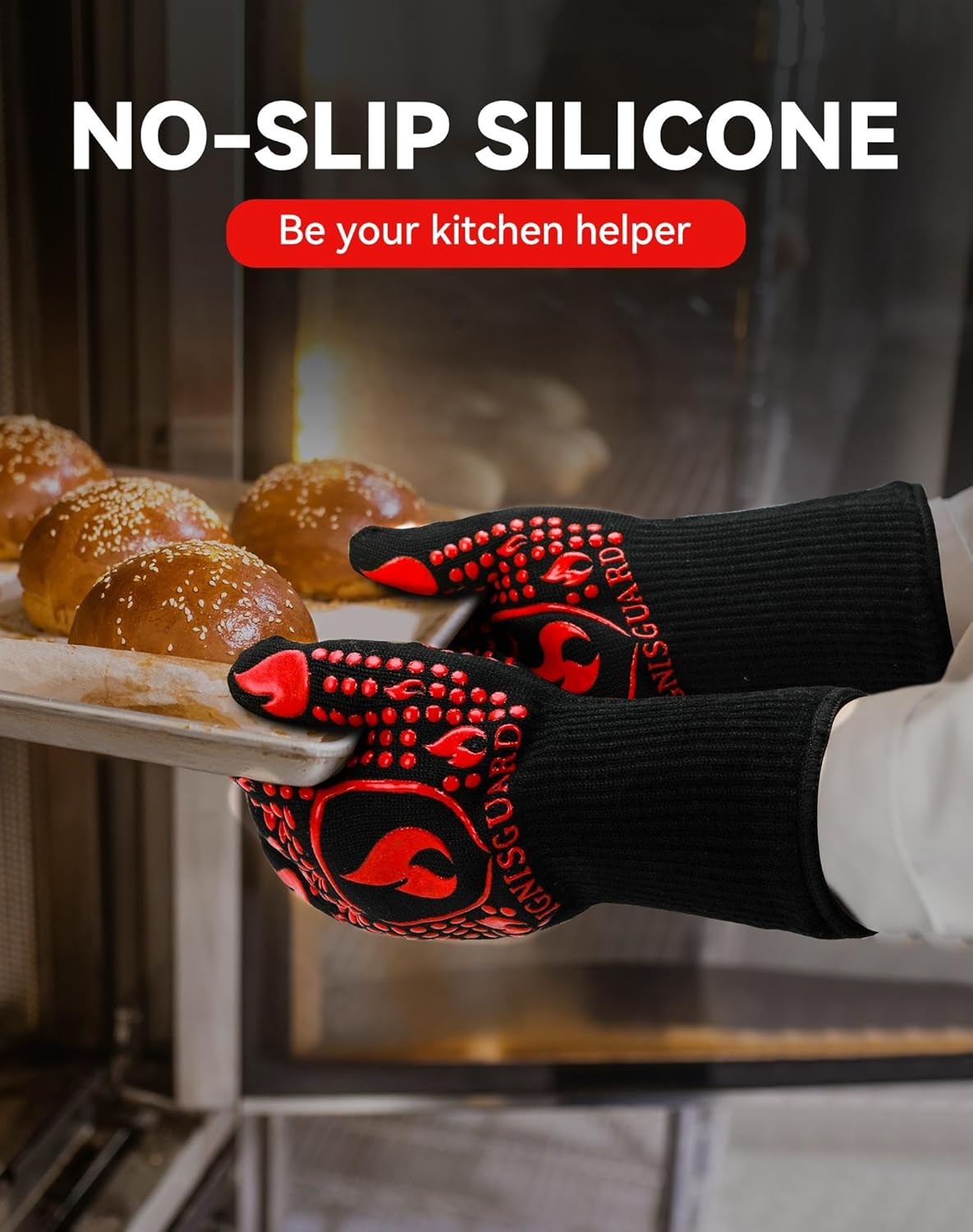 BBQ & Grill Gloves, Oven Gloves, 1472°F Silicone Oven Mitts Heat Resistant Grilling Gloves Fireproof Non-Slip for Barbecue Cooking Baking Smoking, 1-Pair Red（L）