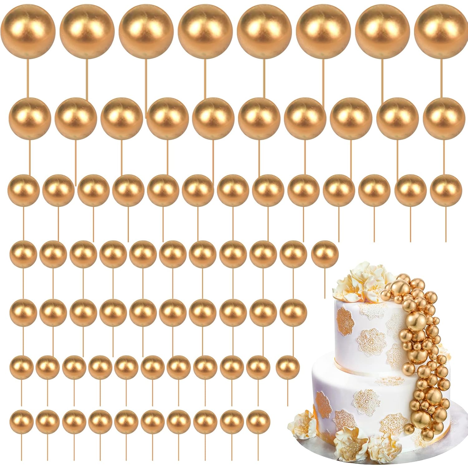 108 Pcs Balls Cake Topper DIY Cupcake Insert Foam Balloons for Cake Baking Wedding Anniversary Birthday Decoration(Gold,Multi Sizes)