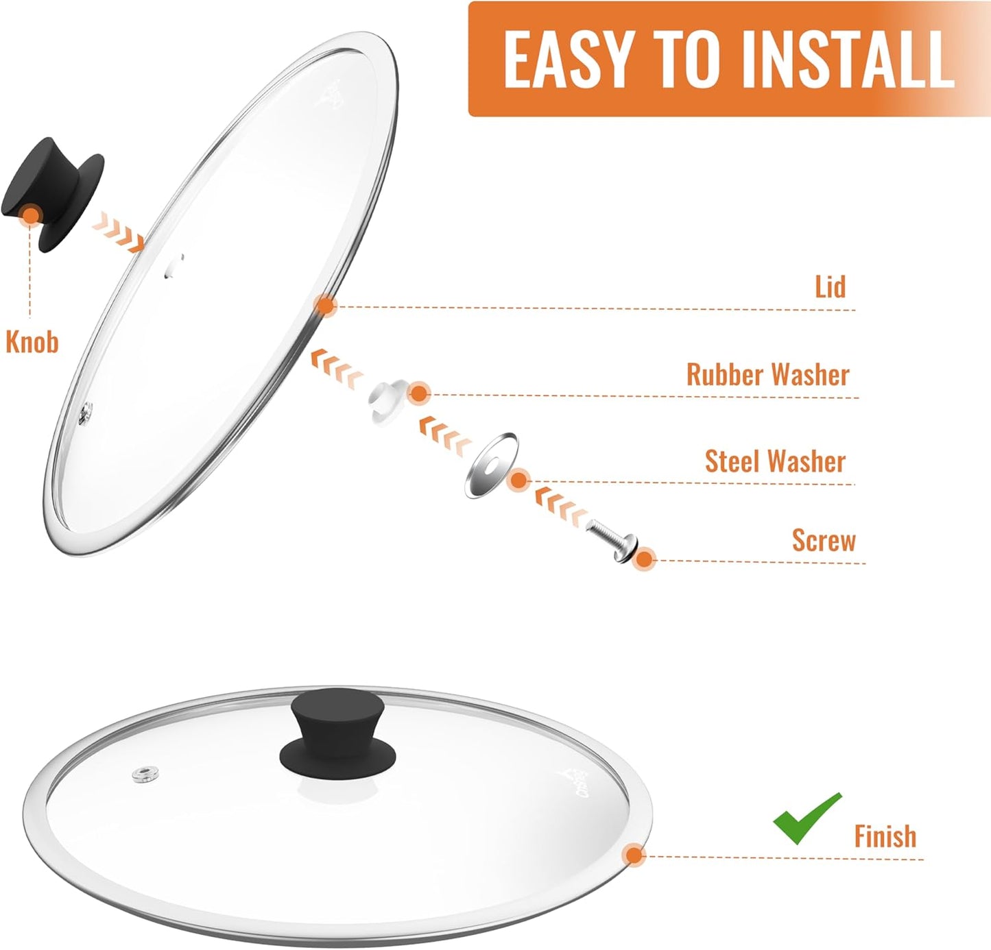 12 Inch Pan Lid For Pots Pans and Skillets, Cast Iron Skillet Lid, Large Tempered Glass Frying Pan Lids/Pot Cover Replacement, Crock Pot Lids with Wide Stainless Steel Rim, Cookware Lids Cover