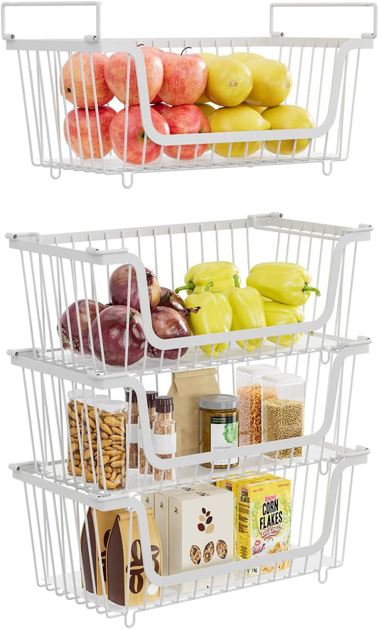 4 Pack Stackable Wire Baskets with Handles for Pantry Organizers and Storage, Fruit and Vegetable wire storage baskets, Potato and Onion Storage Bin, Metal Baskets for Organizing Snacks, Cans (White)