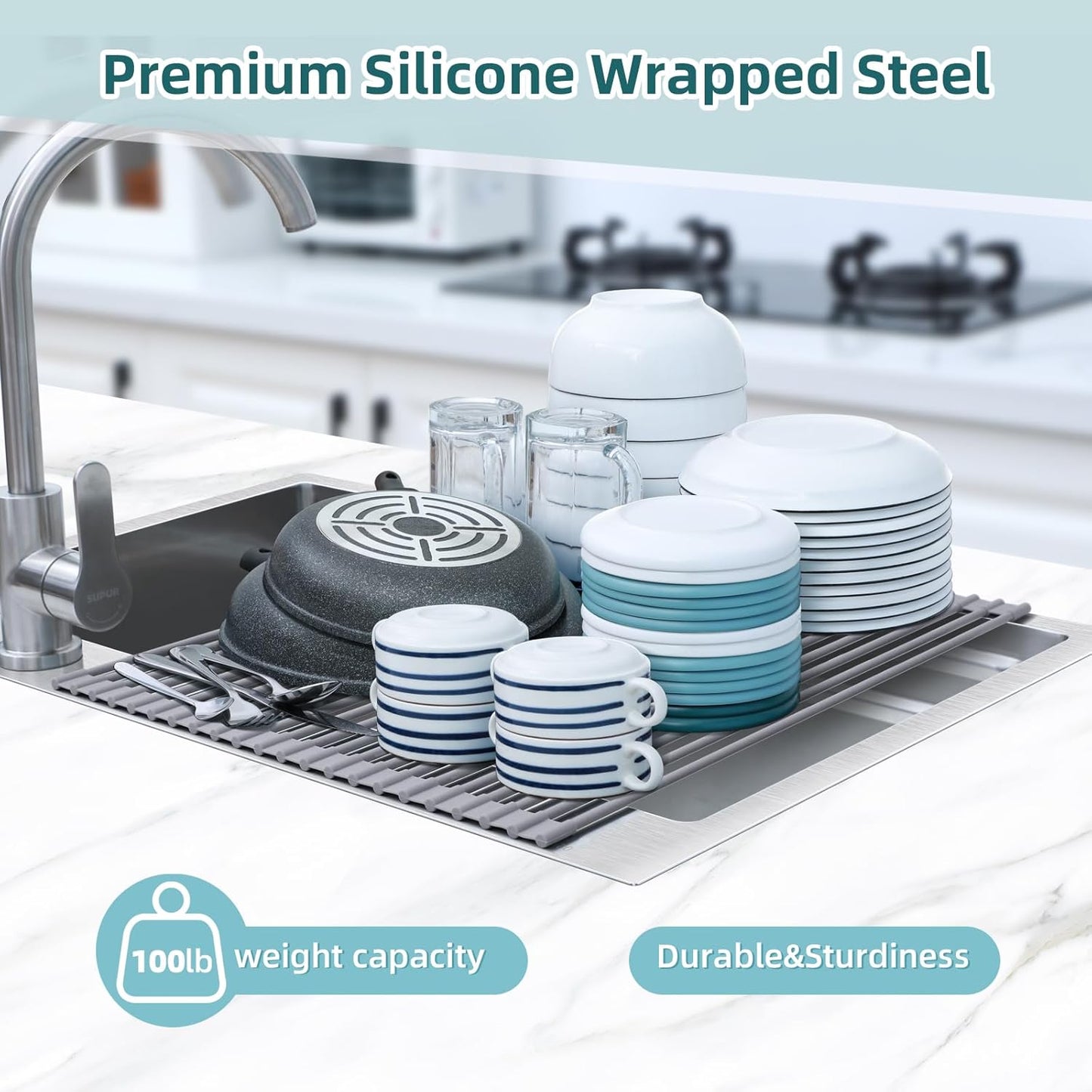 Ohuhu Sink Drying Rack, 20.5" W x 16.1" L Over The Sink Roll-Up Dish Drainer - Rolling Foldable Accessories Heat-Resistant Mat Anti-Slip Silicone Coated Multipurpose for Kitchen Counter