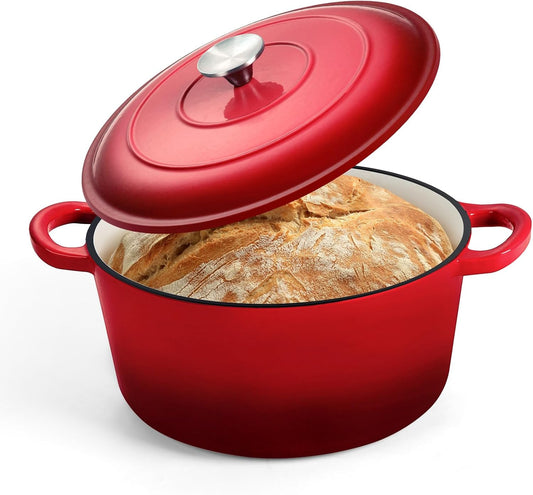 P&P CHEF 5QT Enameled Dutch Oven, Cast Iron Dutch Oven Pot with Lid for Bread Baking, Enameled Casserole Pot for Roasting Braising Stewing Frying Simmering, Various Stoves & Easy Clean, Red