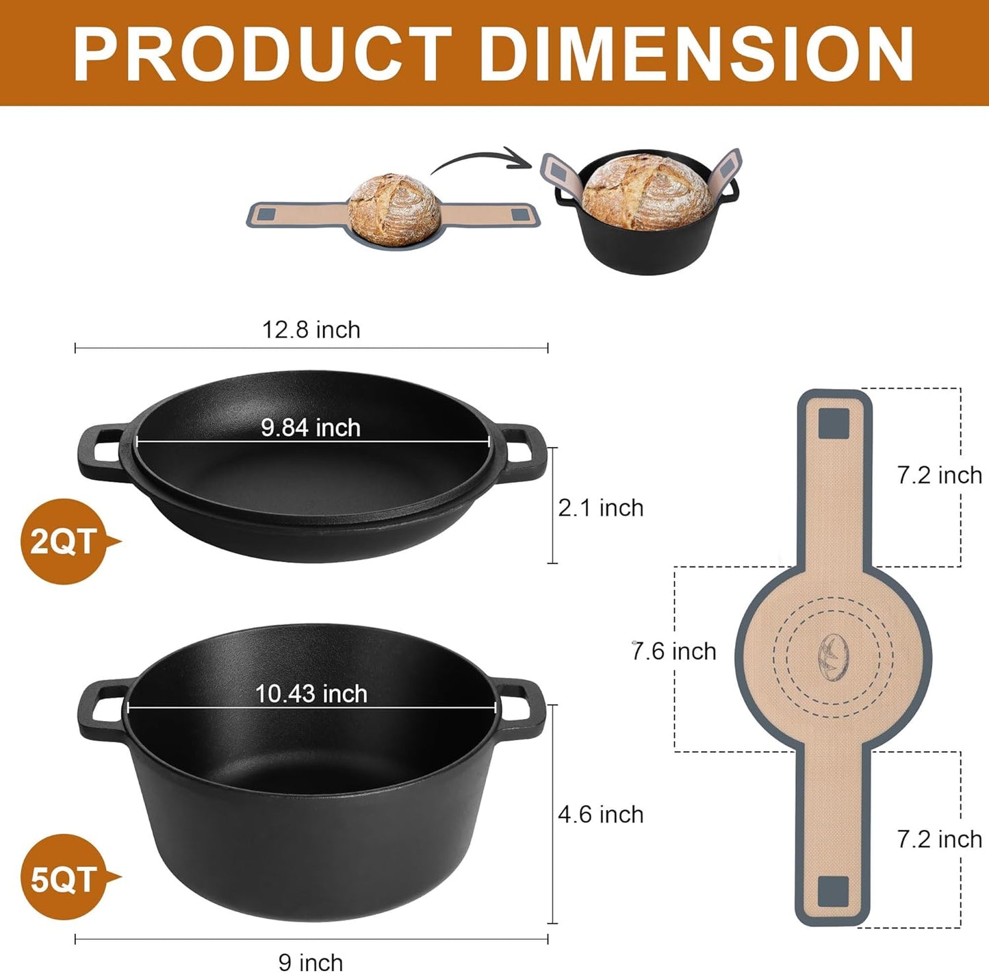 E-far Pre-Seasoned Cast Iron Dutch Oven, 5 Quart 2 in 1 Dutch Oven Pot with Skillet Lid and Silicone Bread Sling, Ideal for Bread Baking, Cooking, Stewing, Frying, Induction & Oven Safe - Black