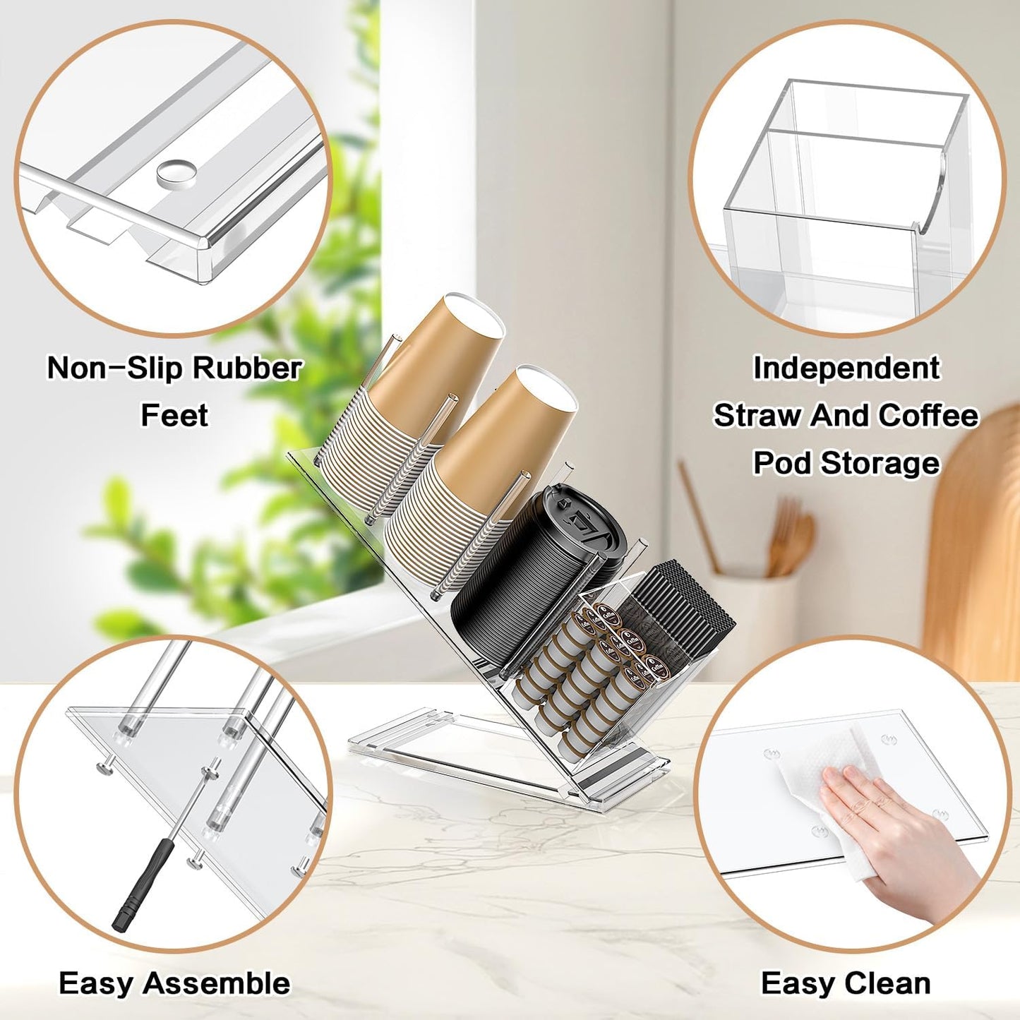 Acrylic Cup and Lid Holder with Straw Organizer, Adjustable Coffee Cup Holder Organizer, 5 Compartment Cup Dispenser for Disposable Paper & Plastic Cups, for Station Home Countertop Bar Breakroom