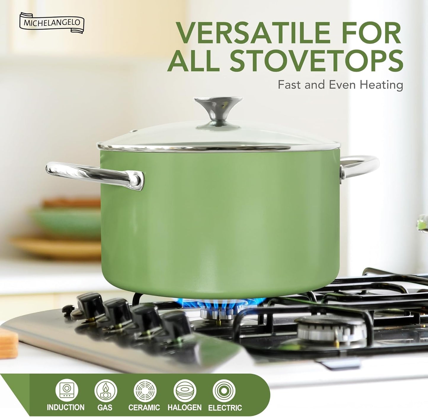 MICHELANGELO Stock Pot with Lid, 6 Quart Cooking Pot with Ceramic Coating, Nonstick Ceramic Soup Pot with Lid, Induction Compatible - 6QT Stockpot, Green