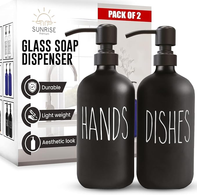 Sunrise Premium 16 OZ Thick Black Glass Soap Dispenser, Matte Black Stainless by SunrisePremium