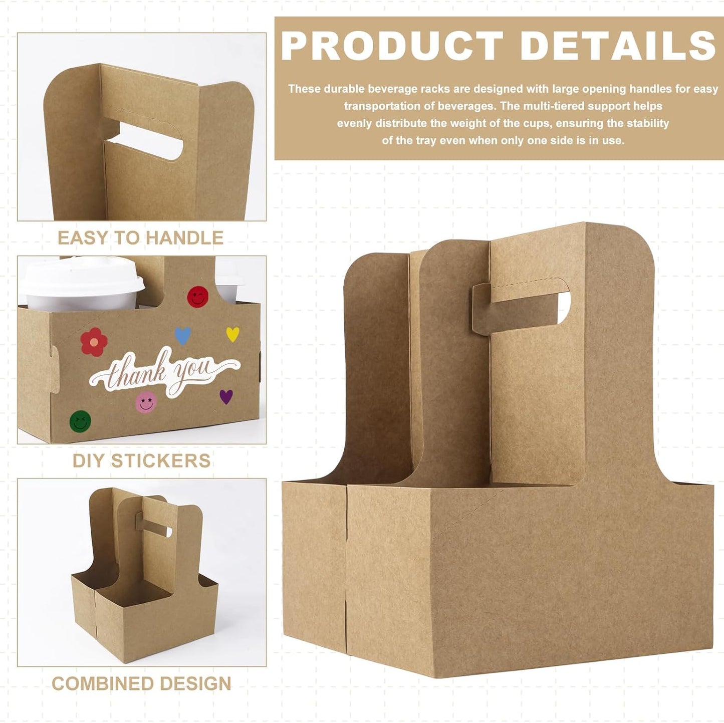 30 Pcs 2 Cup Drink Carrier with Handle, Assemblable Kraft Cardboard Cup Holders with 30 Pcs Happy Birthday Stickers, Disposable Drink Carrier for Drinks Coffee Take Out Cup Carriers Brown