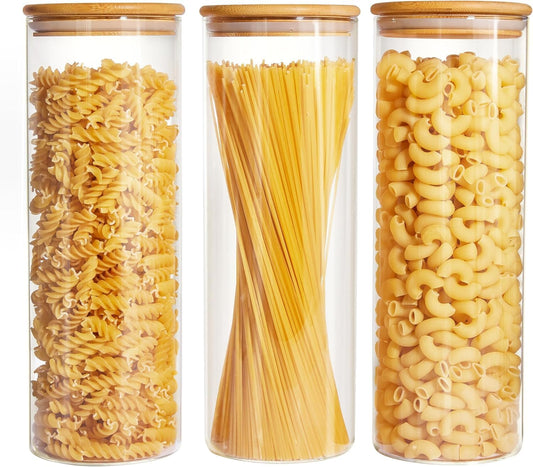 Glass Food Storage Jars with Lids[Set of 3], Perfect for Pasta, Cookies, Nuts, Coffee, Cereal, Flour, and More, Organize Your Kitchen and Pantry with these BPA-Free Glass Canisters