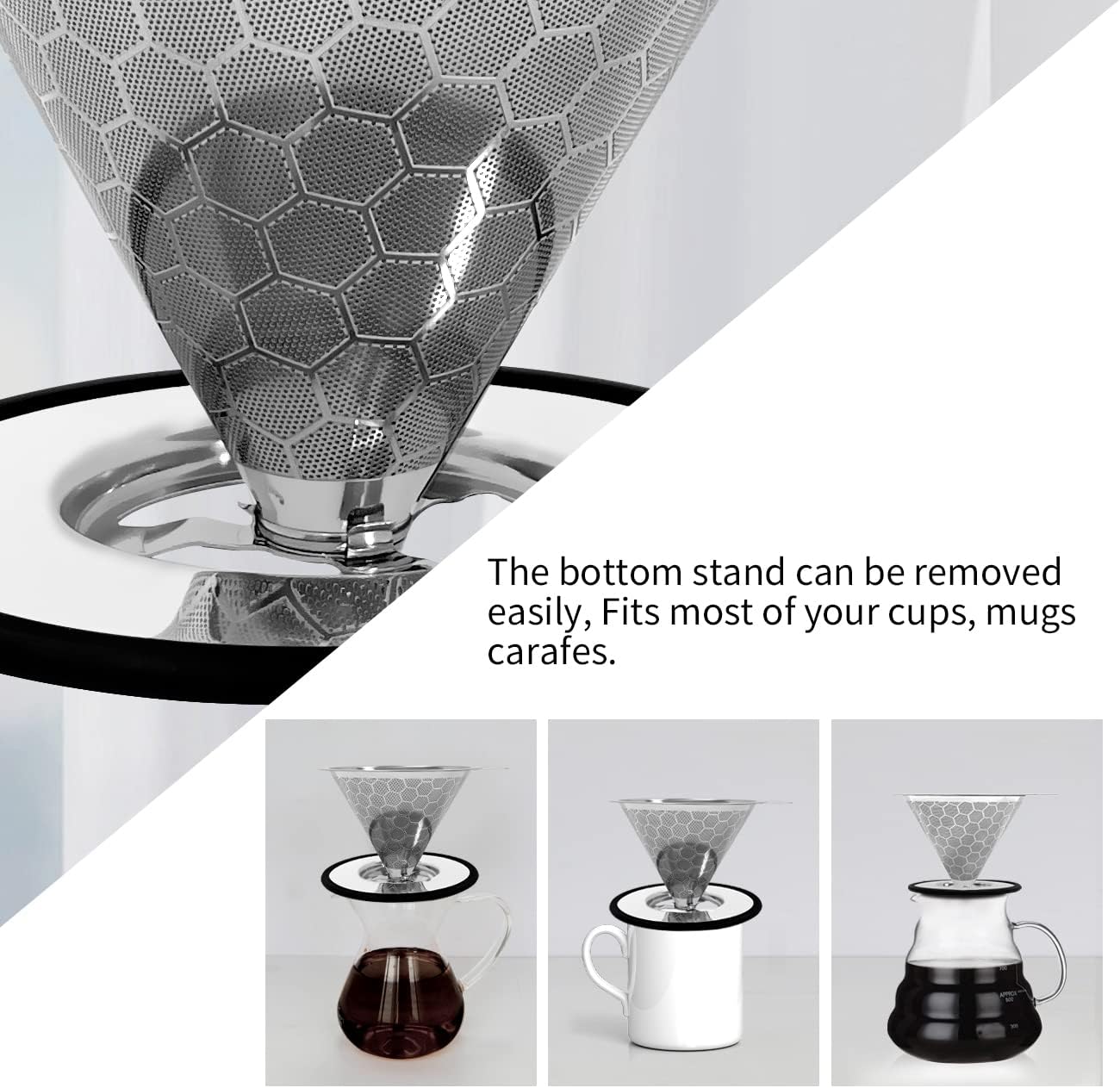LHS Pour Over Coffee Dripper Reusable Coffee Filter Metal Cone Filter Paperless Coffee Filter Stainless Steel Pour Over Coffee Maker Single Cup Brew Coffee Filter, Double Mesh