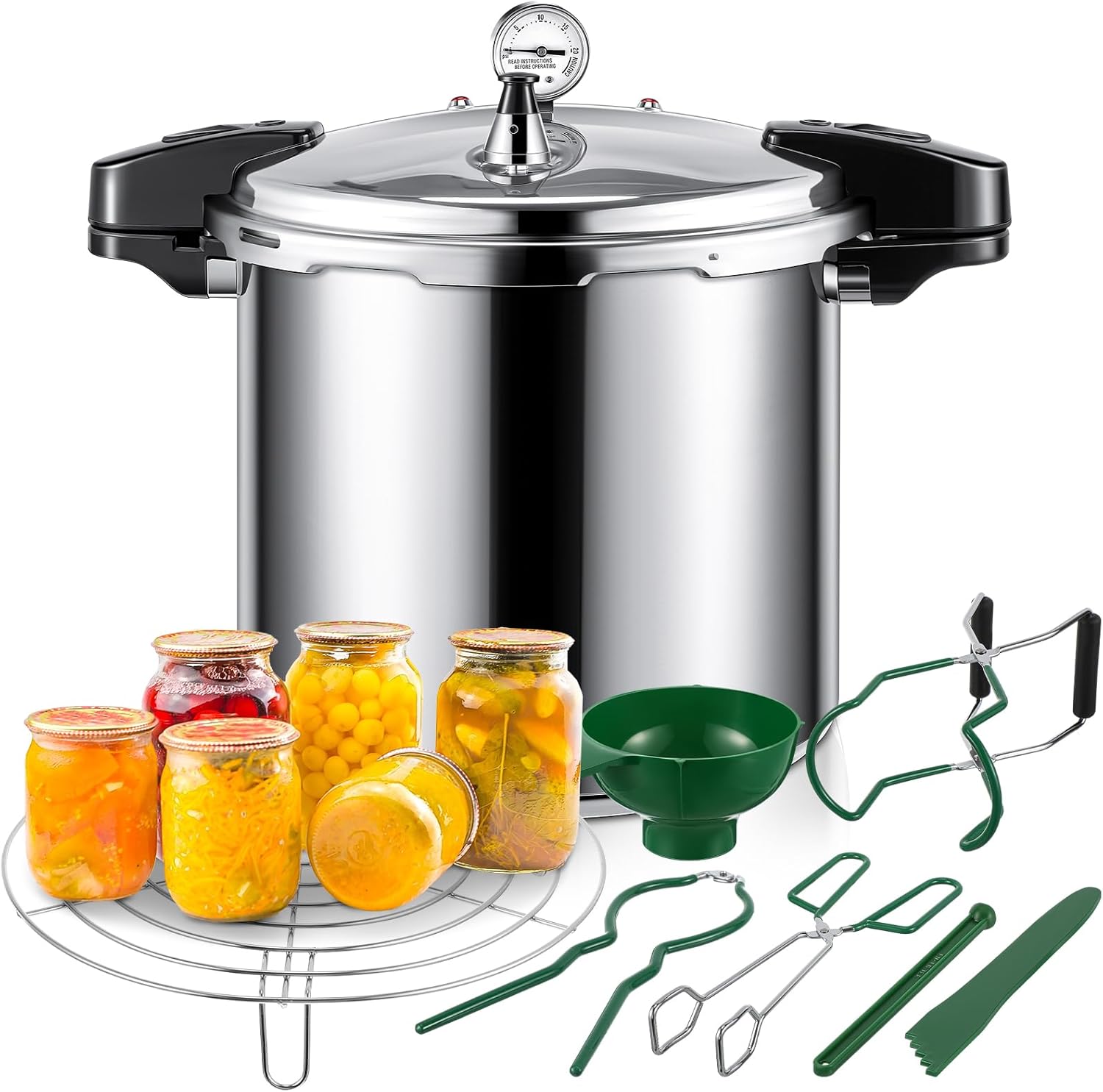 24qt Pressure Cooker for Canning Pressure Canner Supplies Kit, 6 Canning Supplies with Pressure Panner Stainless Steel Steam Rack Gauge for Canning, Silver