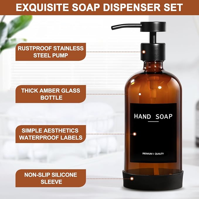 RYTOXILO Amber Glass Soap Dispenser 4 Pack, Hand Soap Dispenser Bathroom - Image 3