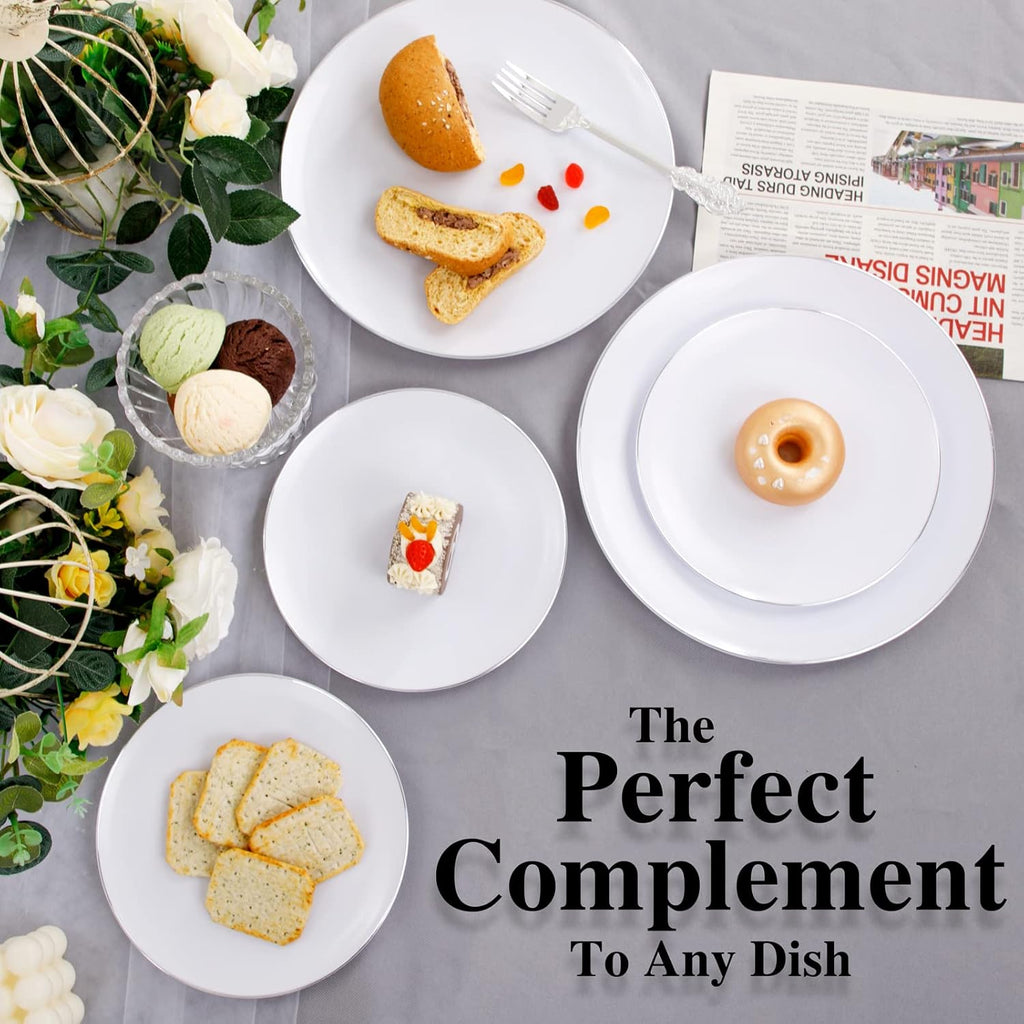 KIRE 100PCS Silver Plastic Plates - Heavy Duty White Disposable Plates with Silver Rim for Party/Wedding - Include 50Pcs 10.25inch Dinner Plates and 50Pcs 7.5inch Dessert Plates