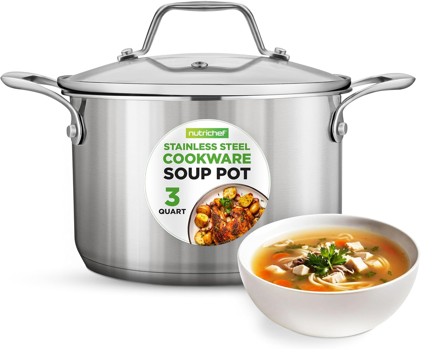 NutriChef 3-Quart Stainless Steel Pot with Glass Lid - 18/8 Food Grade Heavy Duty Cookware Stockpot for Stews, Simmering & Soups, Dishwasher Safe, For Induction, Gas & Ceramic Cooktops - NCSP3