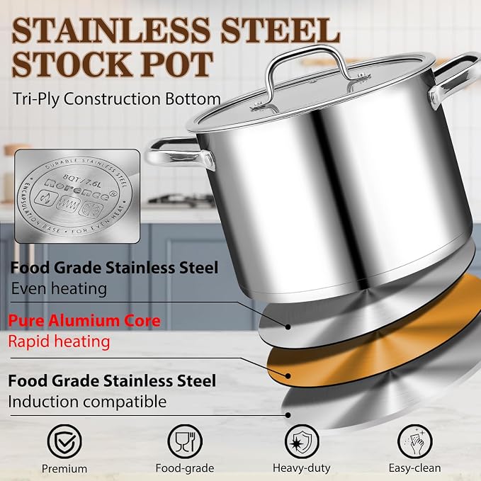 Rorence Stainless Steel Stock Pot, Tri-Ply Base Large Pot Induction Cooking Pot - Image 3