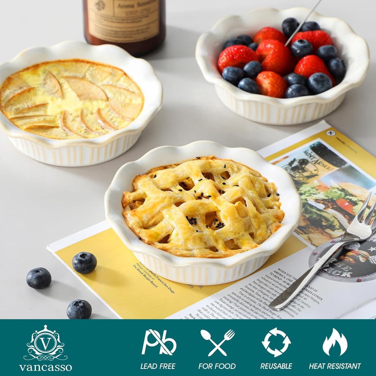 vancasso Mini Pie Pans Set of 6, 5.2 Inch Ceramic Deep Dish Pie Plates with Ruffled Edge for Baking, Microwave & Oven Safe, White