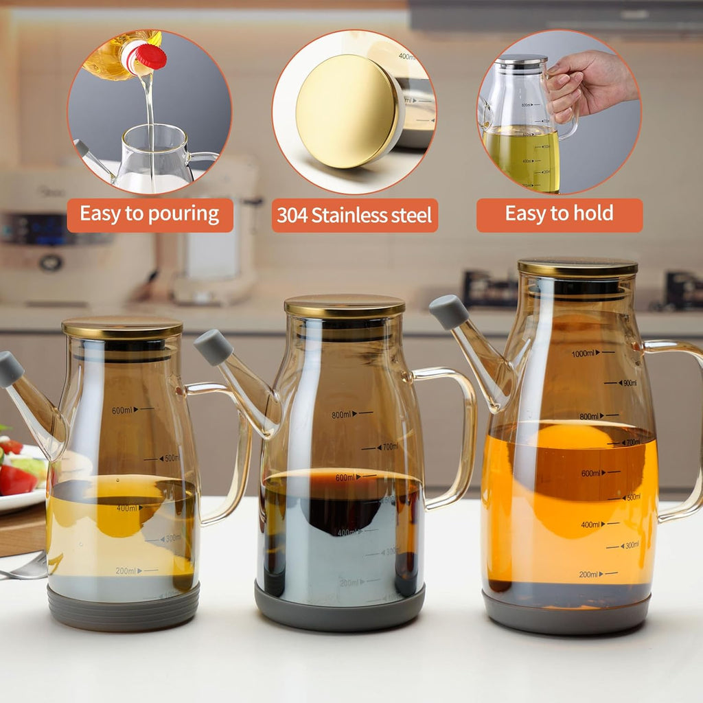 Large Glass Oil Dispenser Bottle for Kitchen Cooking Recipiente Para Aceite De Cocina Olive Oil Vinegar Dispenser Cruet Stainless Steel Lid No Drip Liquid Container (Champagne, 34oz /1000ml)