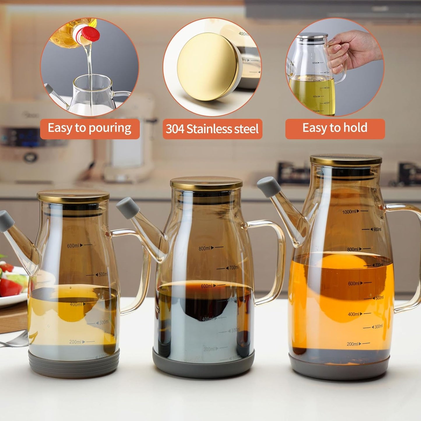 Large Glass Oil Dispenser Bottle for Kitchen Cooking Recipiente Para Aceite De Cocina Olive Oil Vinegar Dispenser Cruet Stainless Steel Lid No Drip Liquid Container (Champagne, 20oz / 600ml)