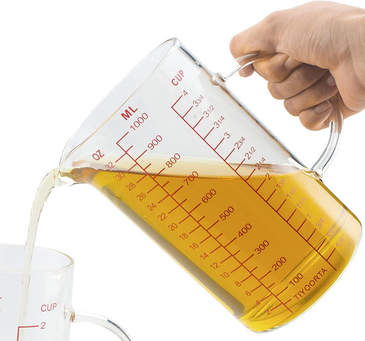 Glass Measuring Cup with Handle, Three Scales (OZ, Cup, ML), V-Shaped Spout, Measuring Beaker for Kitchen or Restaurant, Easy to Read, by TIYOORTA (1000ML RED)