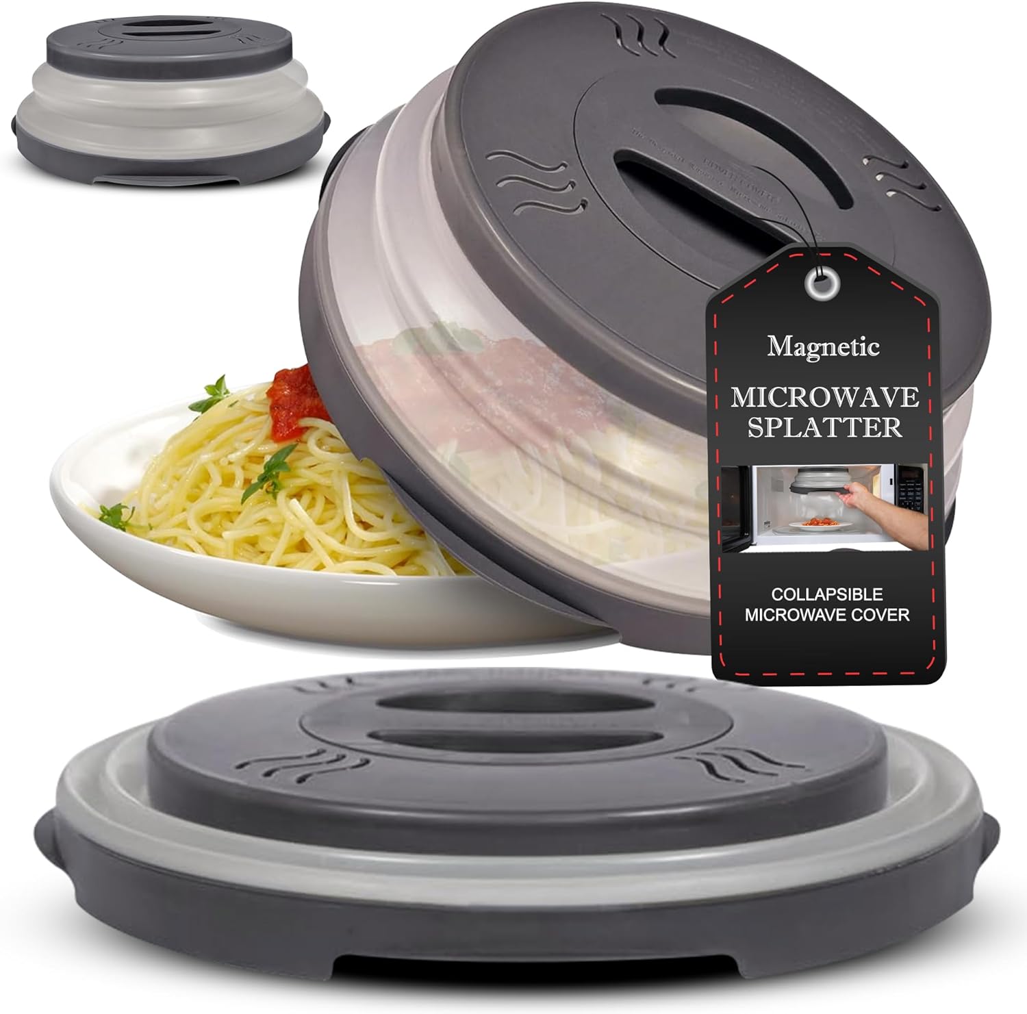 2.0 Magnetic Microwave Splatter Cover, Collapsible 12-Inch BPA-Free Food Lid with Upgraded Magnets, Vented Plate Guard, Dishwasher Safe, Space-Saving Magnetic Storage - Gray