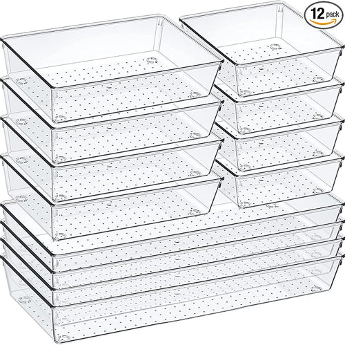 12 Pack Clear Plastic Drawer Organizer Set, Acrylic Non Slip Non Cracking by Criusia