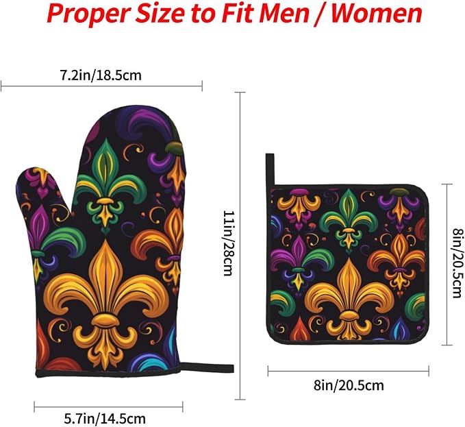 Colorful Fleur De Lis Oven Mitts and Pot Holders Sets Mardi Gras Kitchen Oven - Image 3