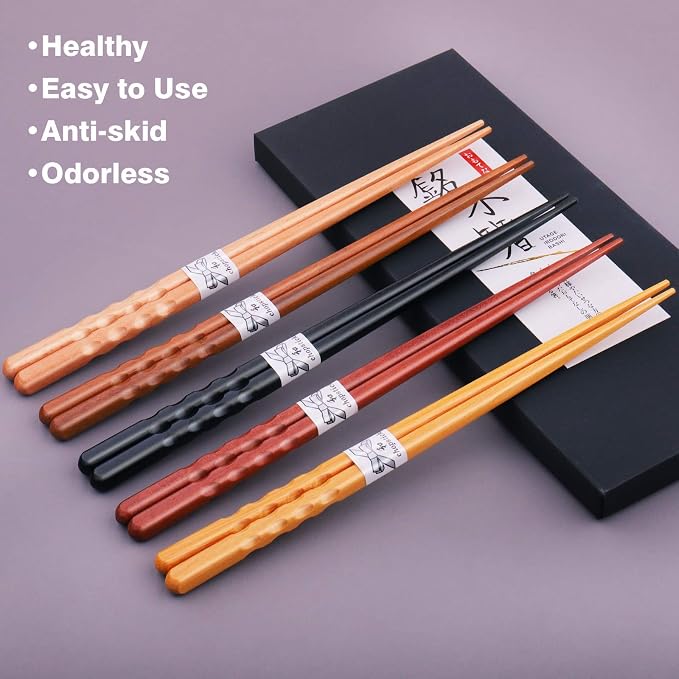 GLAMFIELDS Reusable Chopsticks Japanese Natural Wooden 5 Pairs Classic Style - Image 2