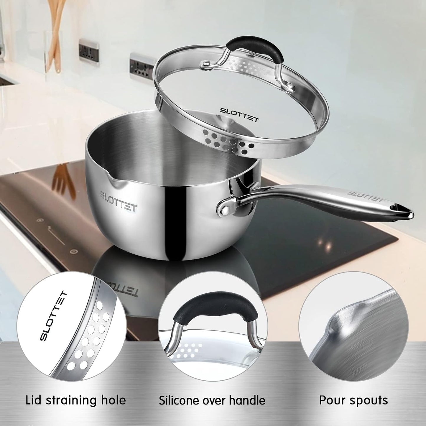 3.5 Quart Stainless Steel Saucepan with Steamer, Tri-Ply Full Body Small Multipurpose Pot with Pour Spout,Strainer Glass Lid, 3 Qt Sauce Pan for Cooking with Stay-cool Handle.