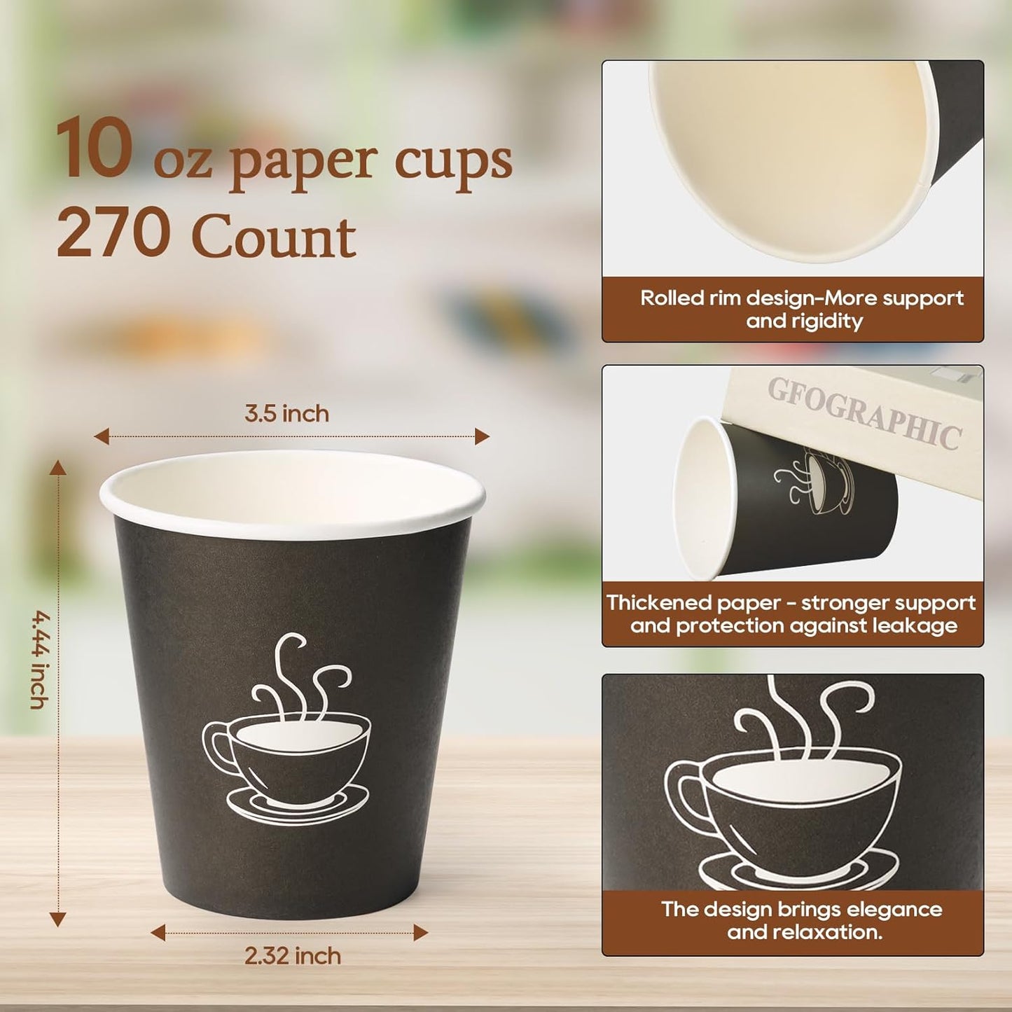 10 oz Paper Cups, 270 Count, Disposable Coffee Cups for Water, Juice or Tea, Perfect for Office Parties or Events
