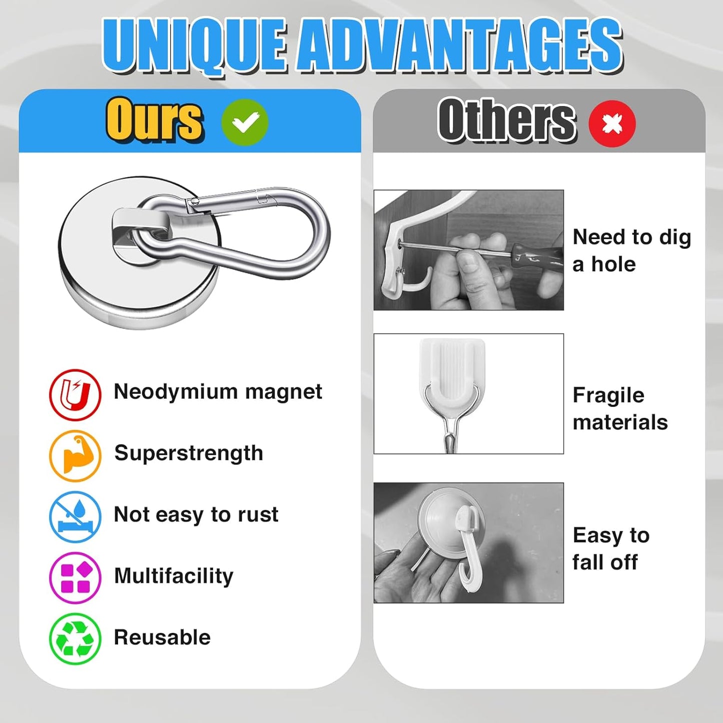 Magnetic Hooks, 70Lbs Heavy Duty Magnetic Hooks with Swivel Carabiner for Cruise Cabins, 6 Pack Extral Strong Neodymium Magnet Hooks for Hanging, Metal Magnetic Hanger for Toolbox, Grill, Fridge