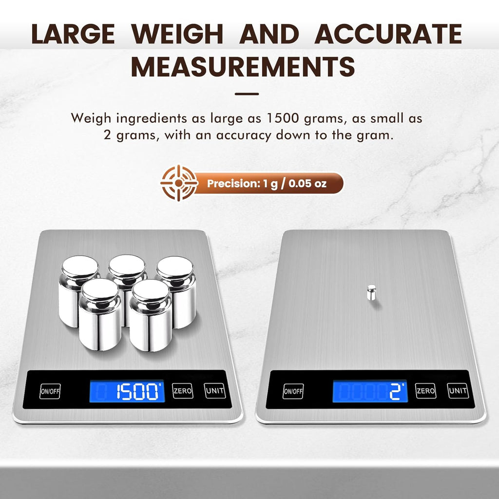 33lb Food Scale, Digital Kitchen Scale Batteries and USB Charging,1g/0.05oz Precise Graduation, Waterproof Stainless Steel with LCD Display Weight Grams and oz for Cooking Baking (Stainless Steel)
