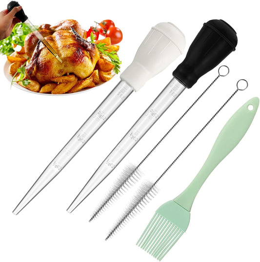 Boao 5 Pieces Nylon Heat-Resistant Turkey Baster Cooking Set Includes Meat Baster, 1 Silicone Basting Brush and 2 Cleaning Brush for BBQ Grill Baking Kitchen Cooking Thanksgiving(Black, White)