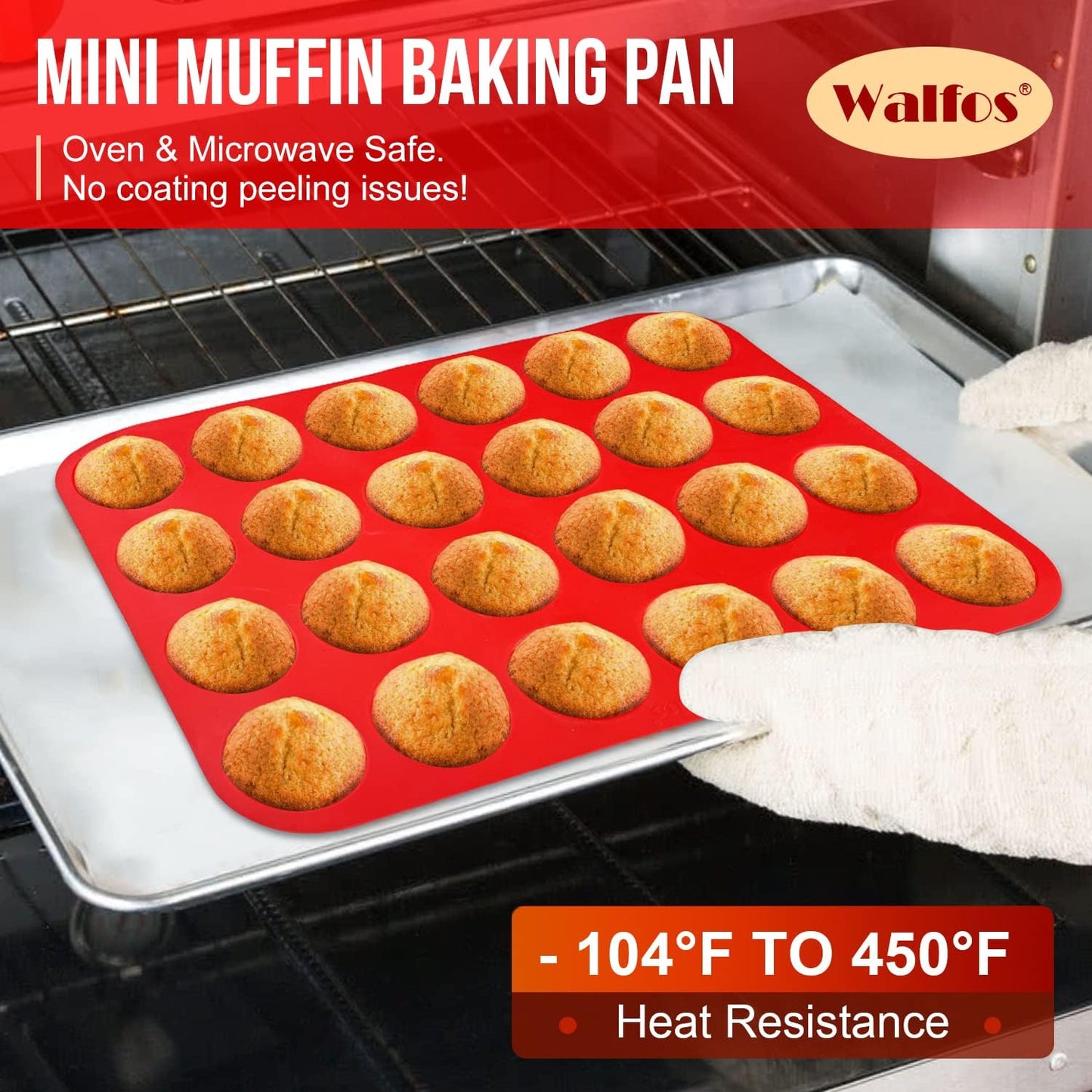 Walfos Mini Silicone Muffin Pan - 24 Cups, BPA Free and Dishwasher Safe, Non-stick Silicone Cupcake Baking Pan, Great for Making Muffin Cakes, Tart, Bread