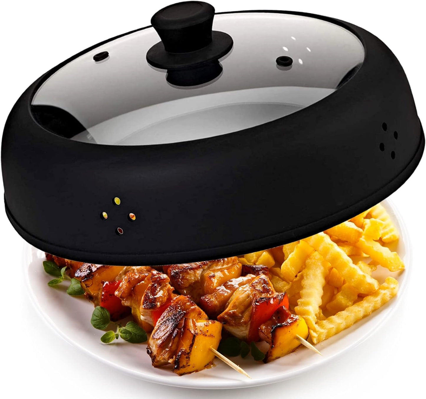 Bezrat Vented Glass Microwave Plate Cover | Large 12-inch Splatter Guard Lid | Firm Grip Silicone handle | 100% Food Grade | Dishwasher Safe (Black)